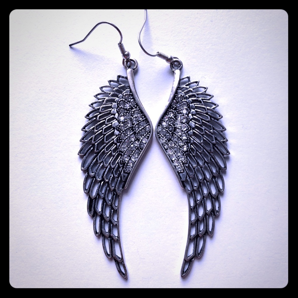 Silver and Rhinestone Angel Wing Earrings